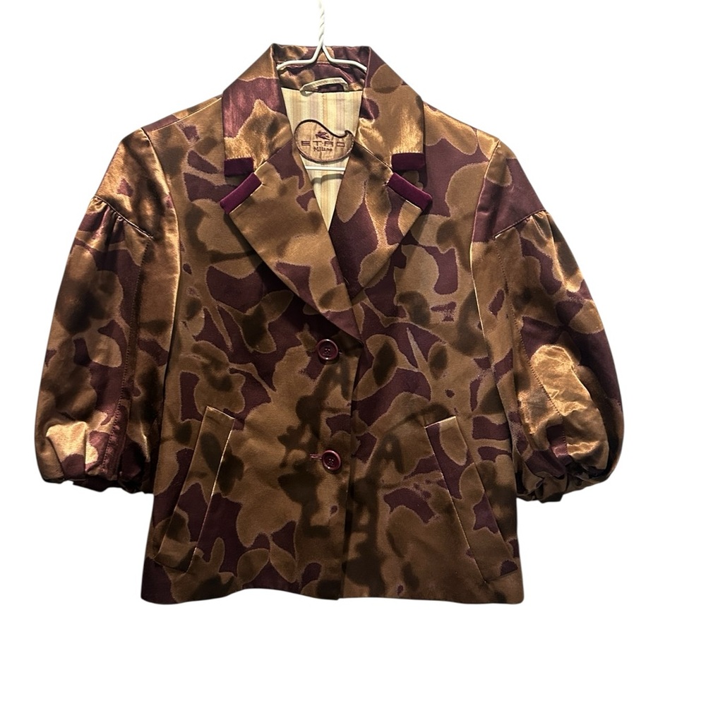 ETRO Milano Purple Bronze Puffed Sleeve Viscose Cotton Blend Satin Jacket 40/4